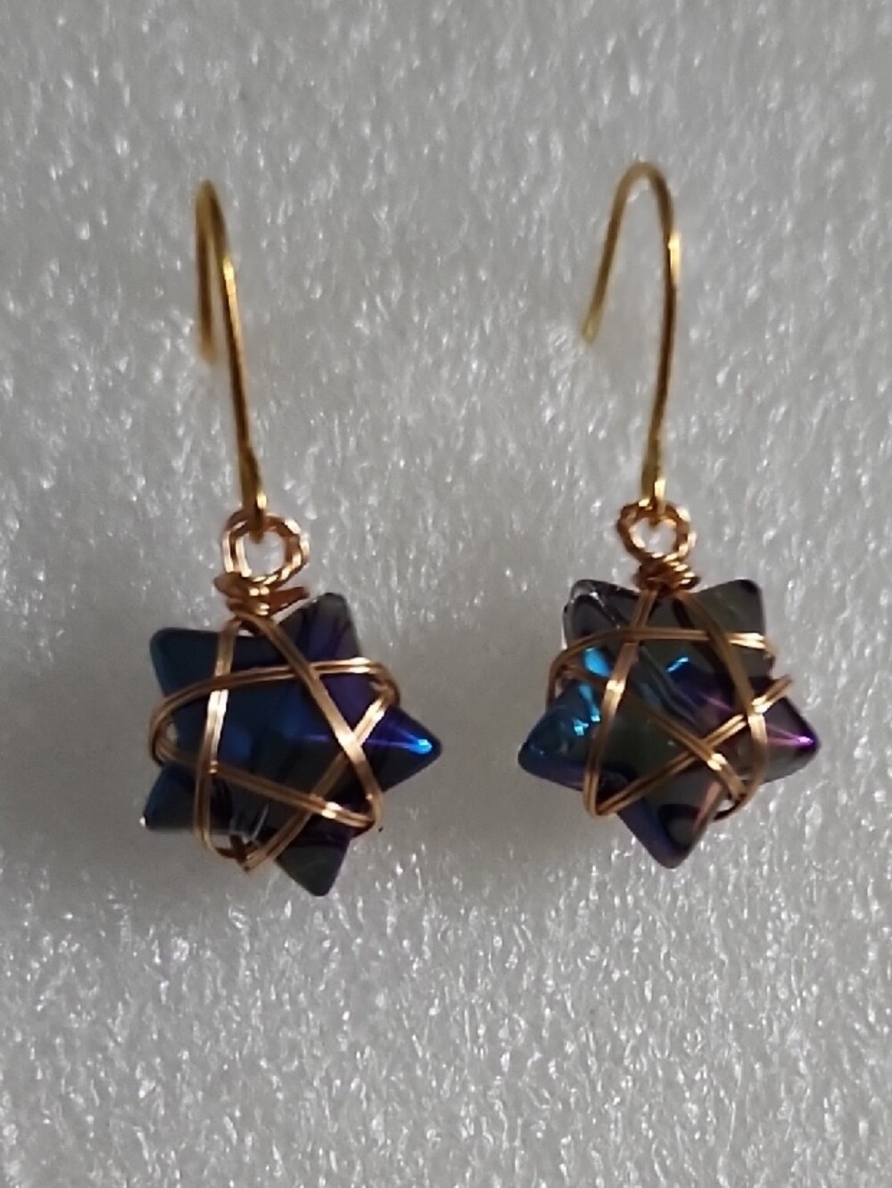 Hand Crafted Iridescent Blue-Purple Star Wire-Wrapped Earrings
